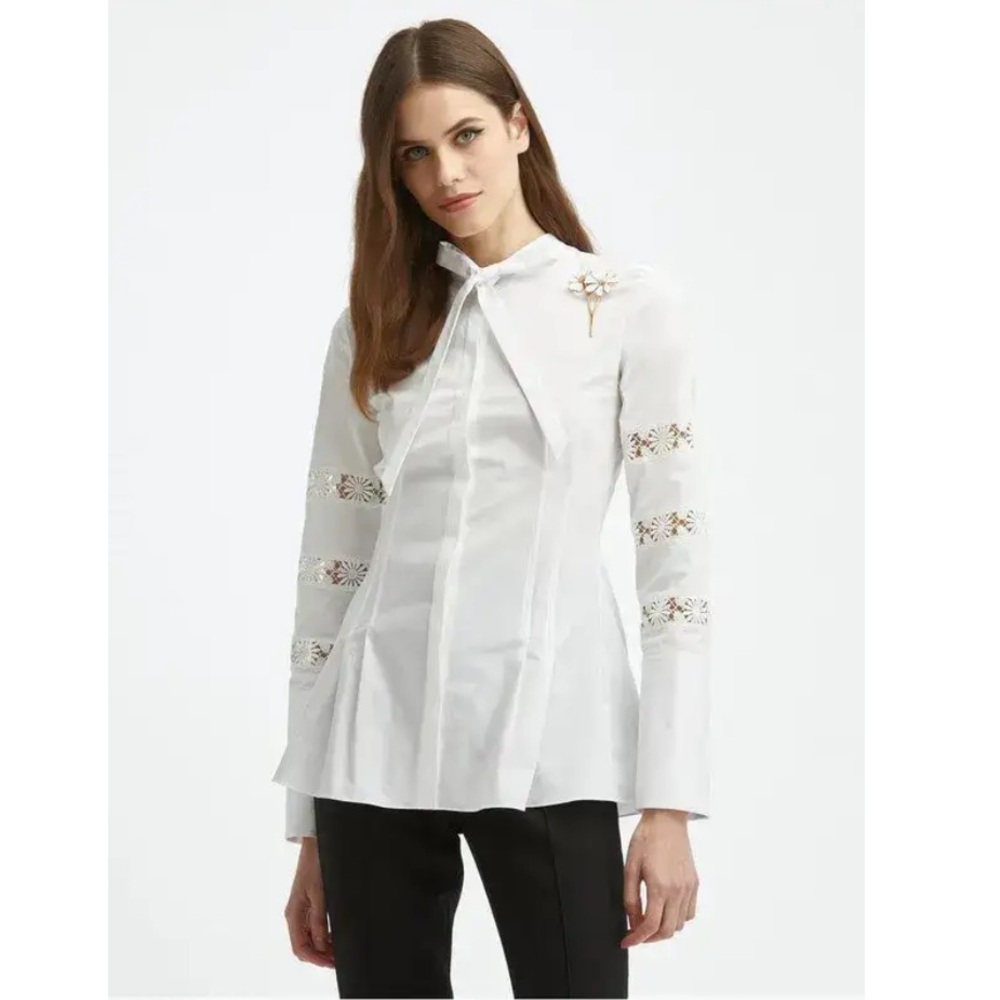 Oscar de la Renta White Poplin Blouse Daisy Lace Bow Top Sz 14 Fits M/L